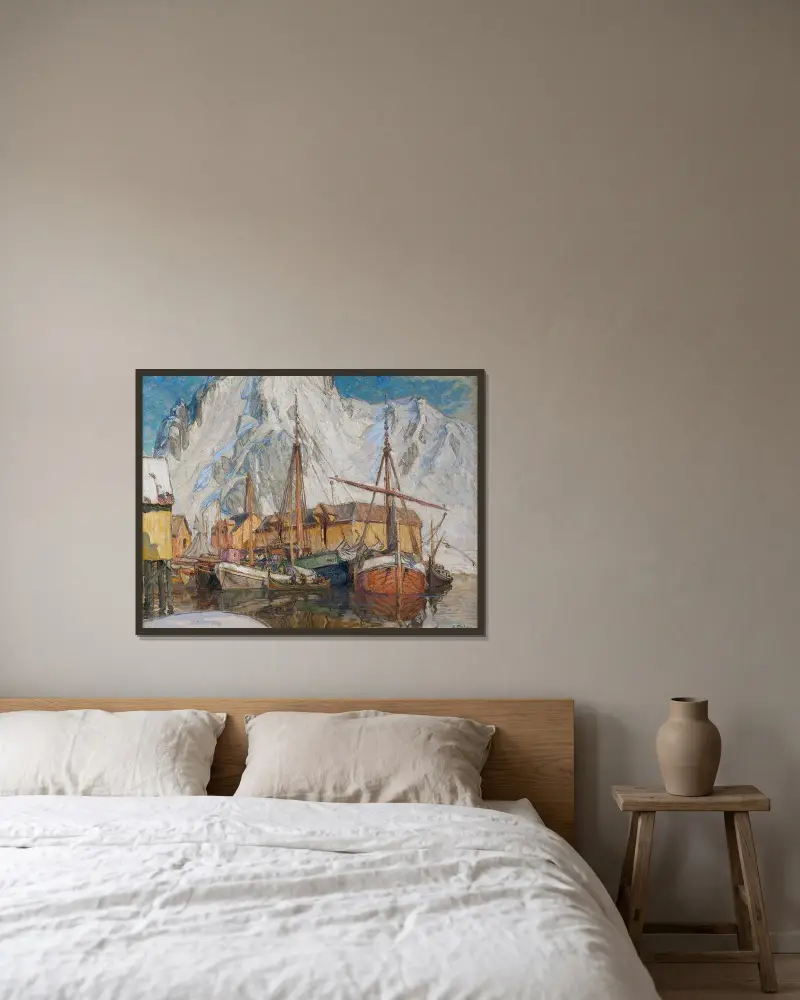Hamnen i Svolvær, Lofoten av Anna Boberg inramad på en vägg