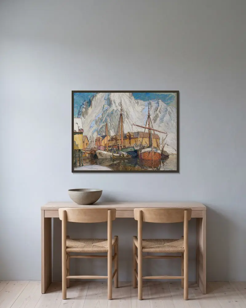 Hamnen i Svolvær, Lofoten av Anna Boberg inramad på en vägg