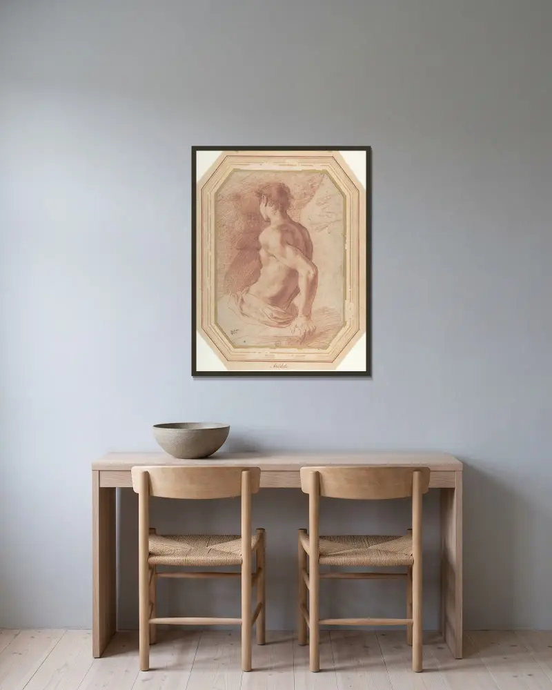 Ryggvy av en sittande naken yngling, vänd åt vänster av Annibale Carracci inramad på en vägg