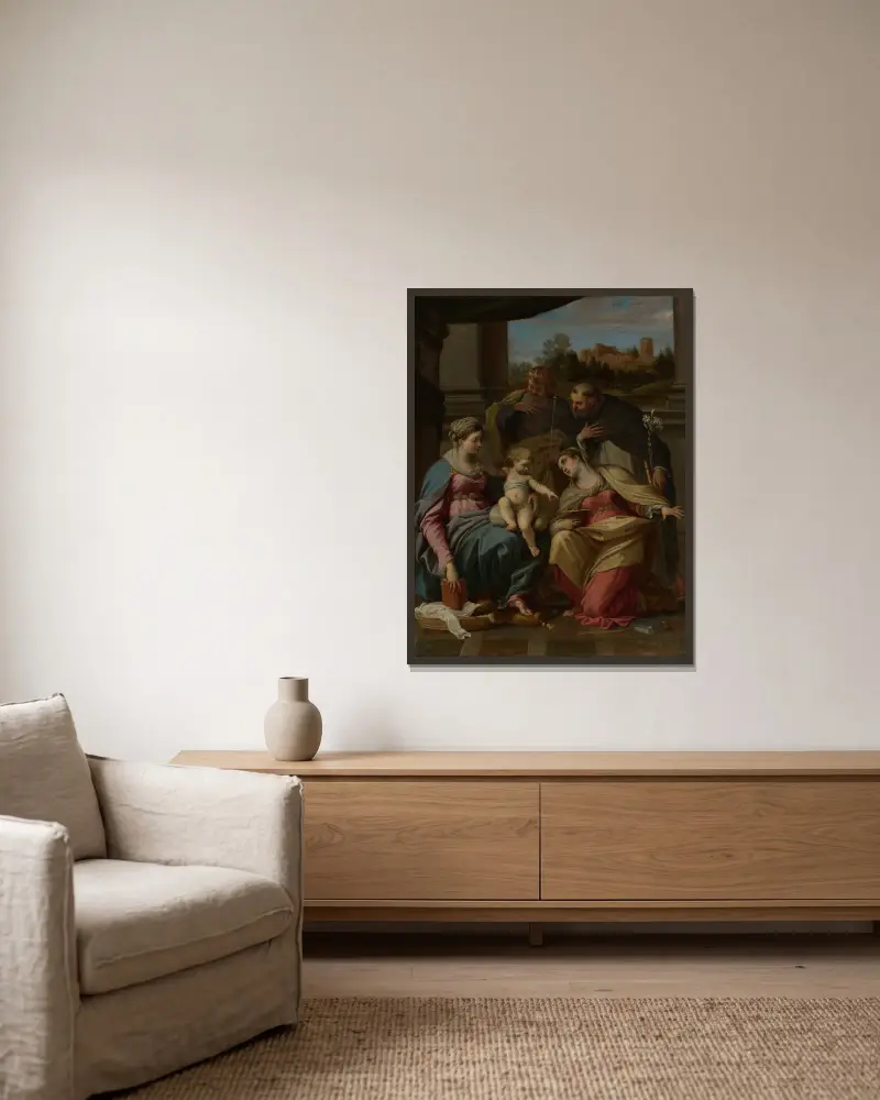 Madonna and Child with Saints Lucy, Dominic, and Louis of France av Annibale Carracci inramad på en vägg