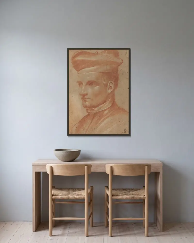 Porträtt av en präst med biretta av Annibale Carracci inramad på en vägg