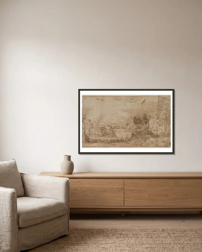 Říční krajina s loděmi, Annibale Carracci v rámu na stěně