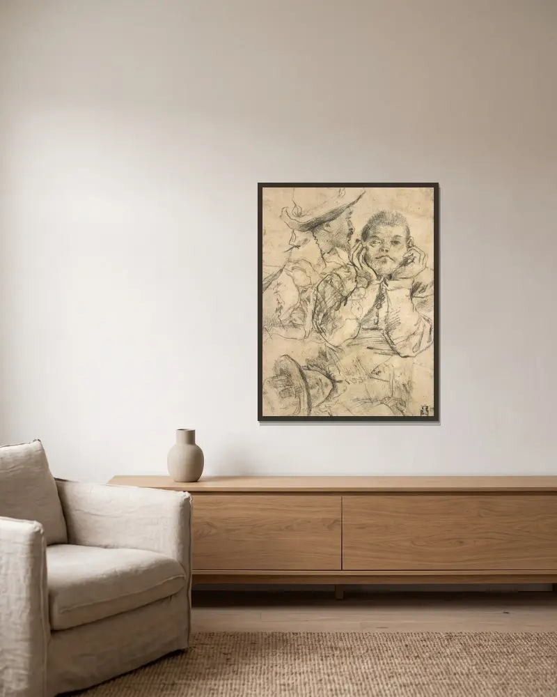 Three Studies of Men av Annibale Carracci inramad på en vägg