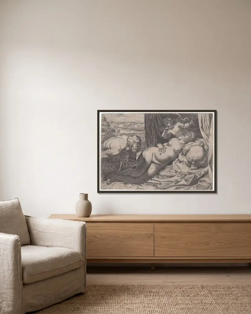 Venus och en satyr av Annibale Carracci inramad på en vägg