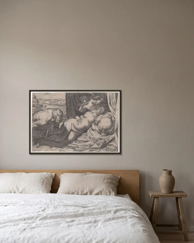 Venus och en satyr av Annibale Carracci inramad på en vägg