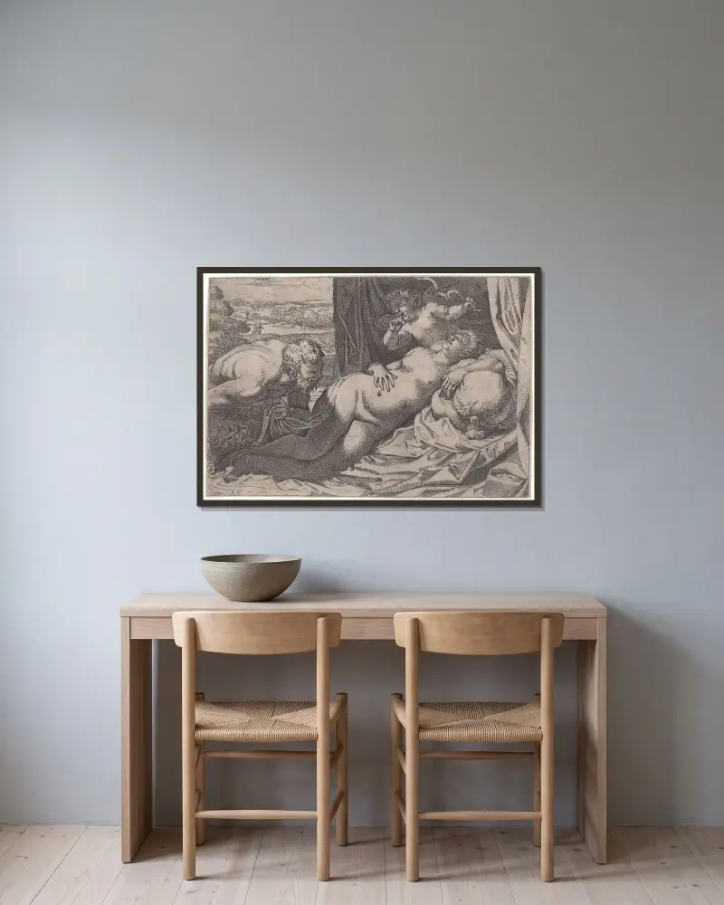 Venus och en satyr av Annibale Carracci inramad på en vägg