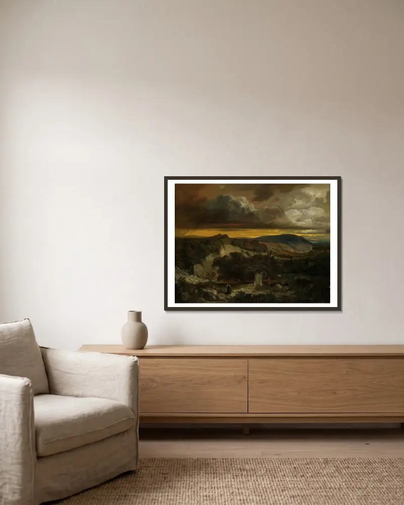 Abendliche Landschaft mit heimkehrenden Einsiedler av Anselm Feuerbach inramad på en vägg