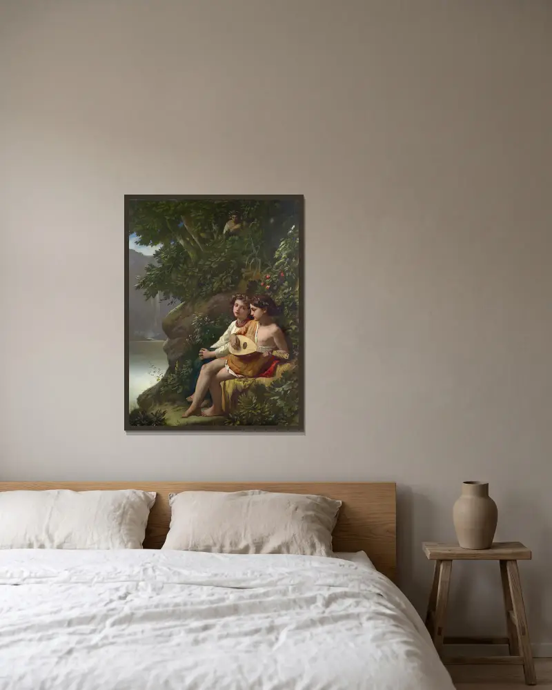 Barn som musicerar medan en nymf lyssnar av Anselm Feuerbach inramad på en vägg