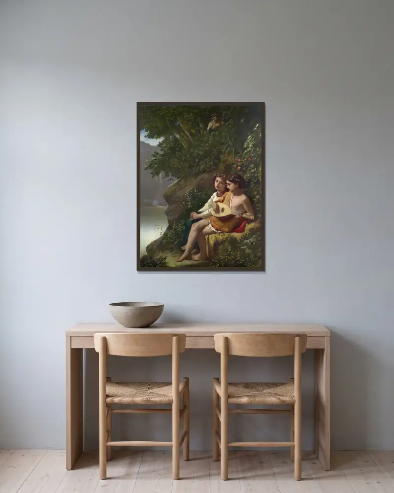 Barn som musicerar medan en nymf lyssnar av Anselm Feuerbach inramad på en vägg