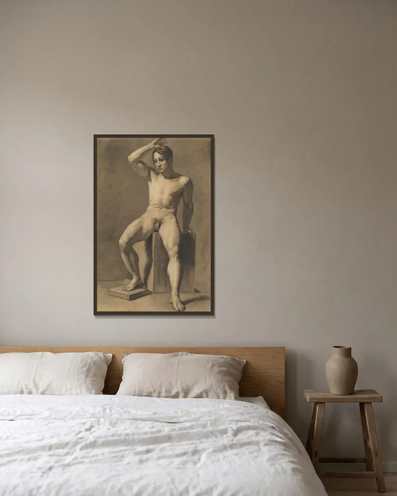 Sittande manlig nakenstudie av Anselm Feuerbach inramad på en vägg