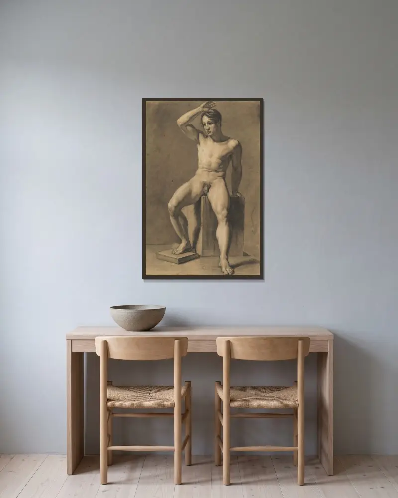 Sittande manlig nakenstudie av Anselm Feuerbach inramad på en vägg