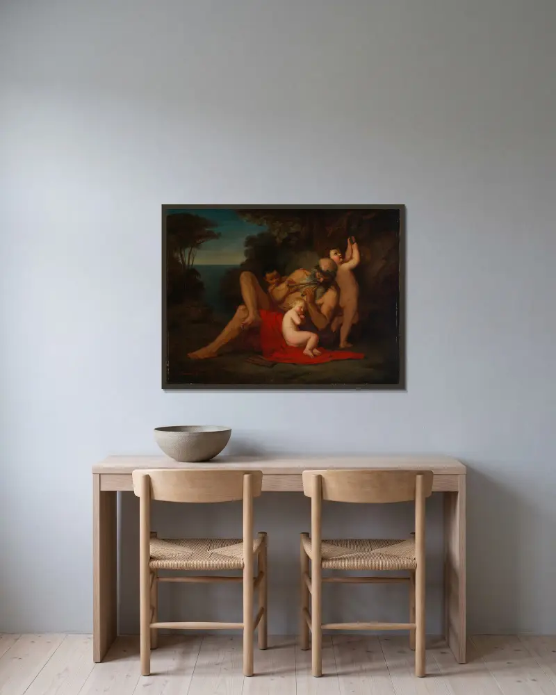 Silen mit schlafendem Bacchusknaben av Anselm Feuerbach inramad på en vägg