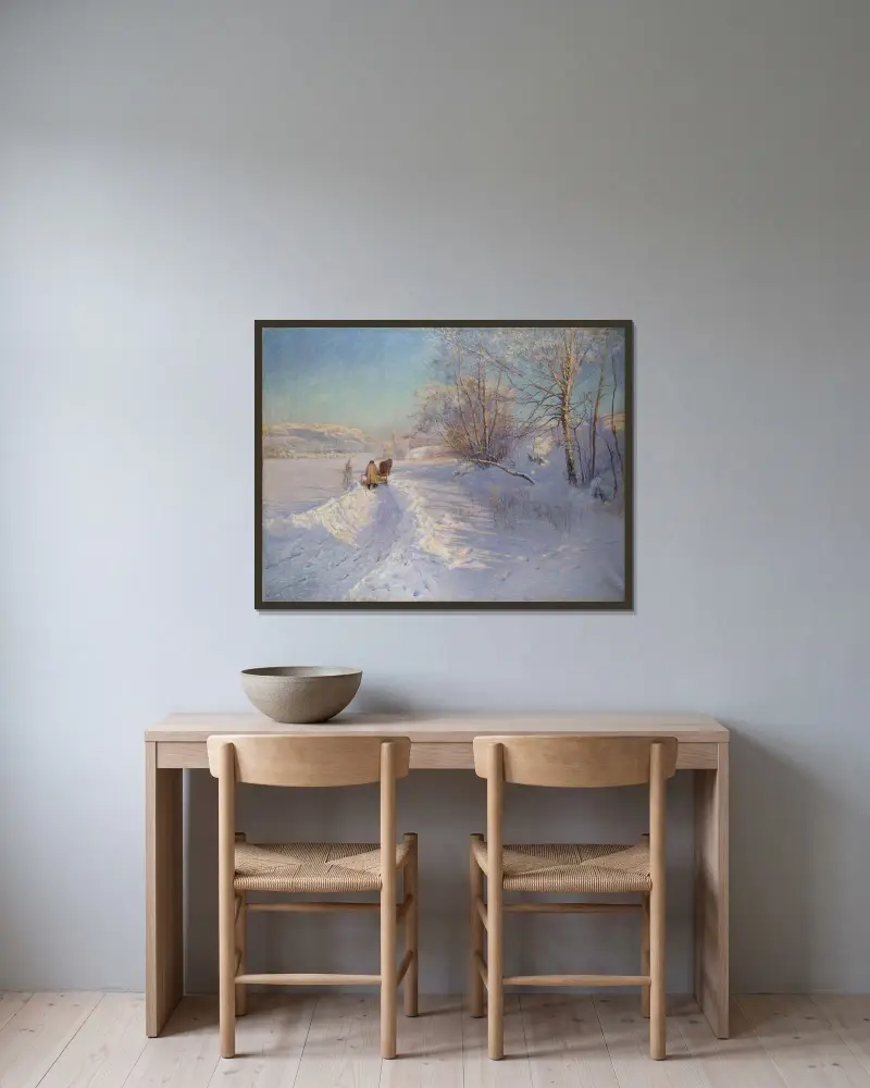 En vintermorgon efter snöfall i Dalarna av Anshelm Schultzberg inramad på en vägg