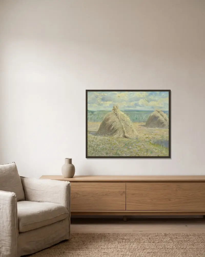 French summer landscape with haystacks av Anshelm Schultzberg inramad på en vägg