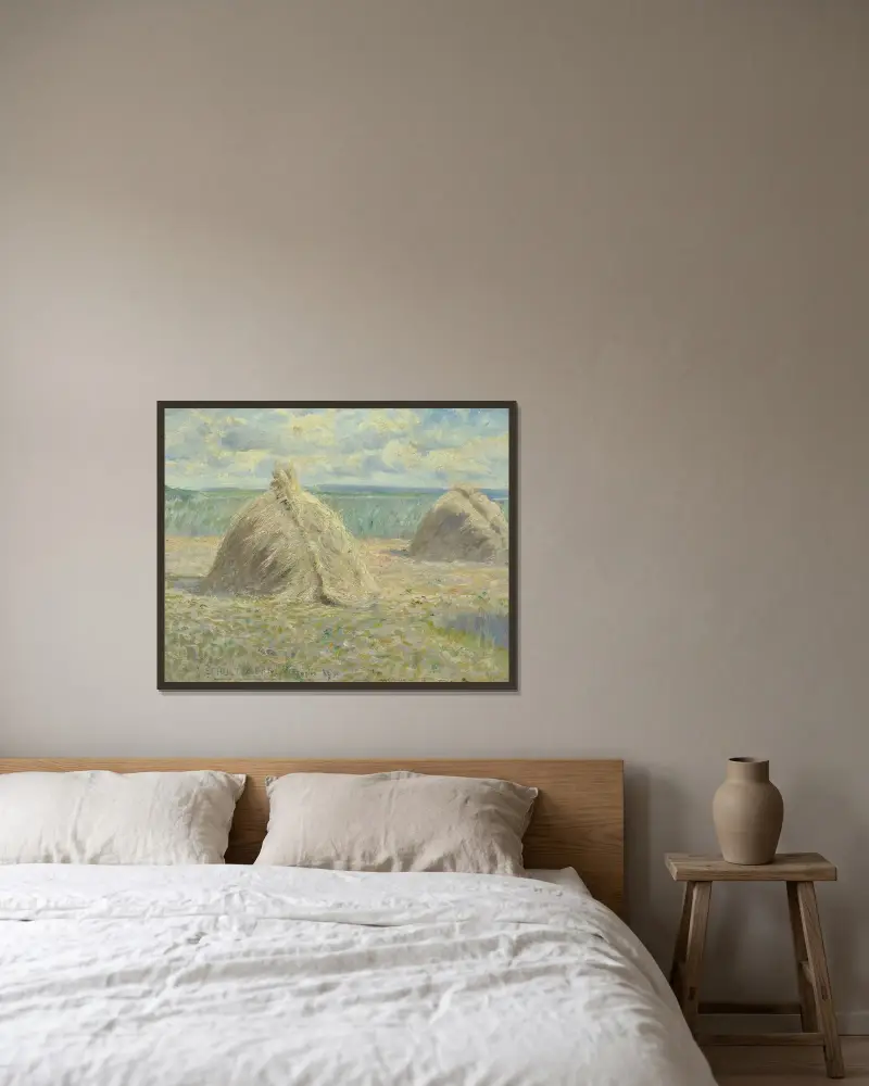 French summer landscape with haystacks av Anshelm Schultzberg inramad på en vägg
