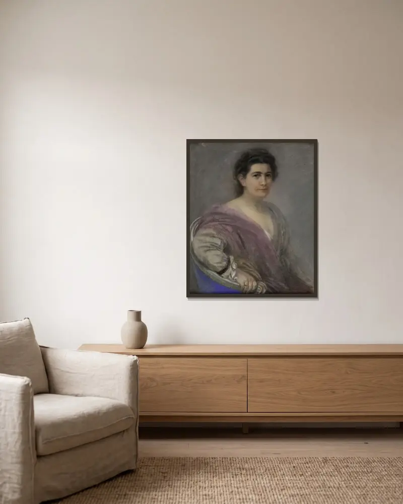 Portrait de Mademoiselle Lucie Bérillon av Antoine Bourdelle inramad på en vägg