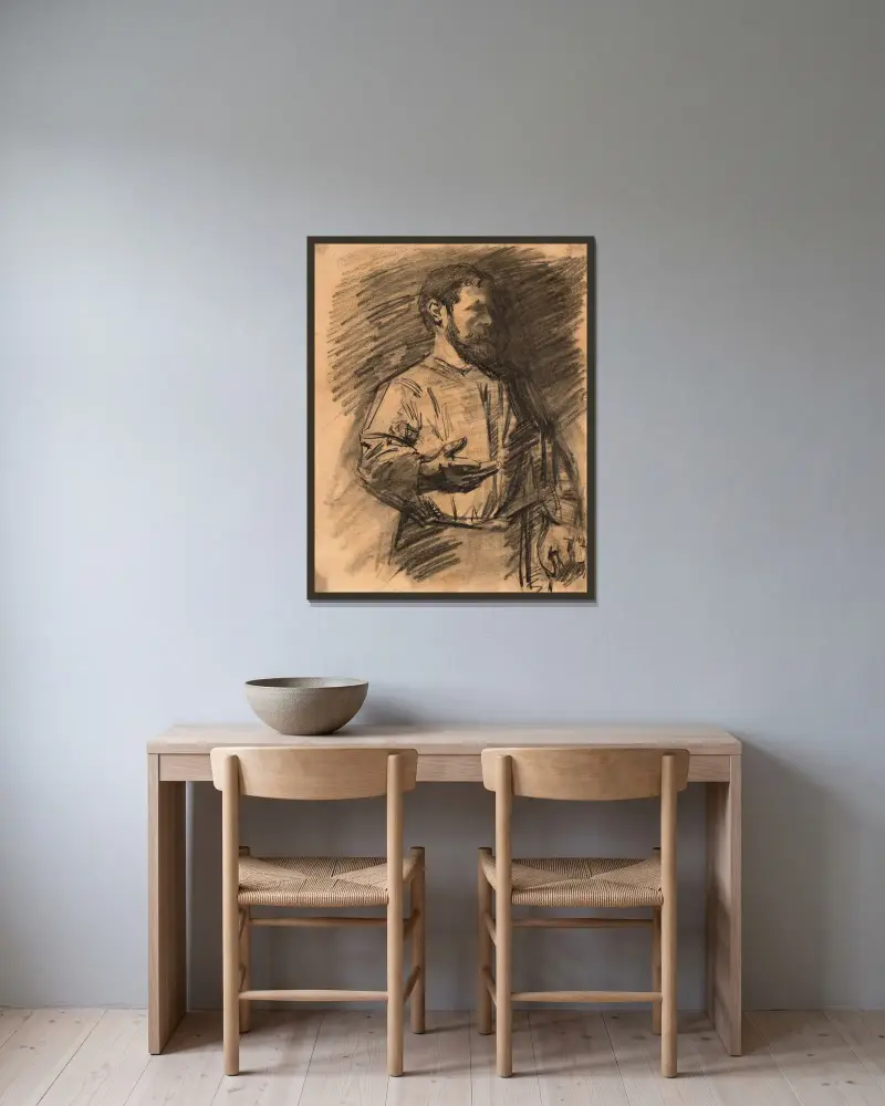 Portrait of the poet Auguste Quercy av Antoine Bourdelle inramad på en vägg