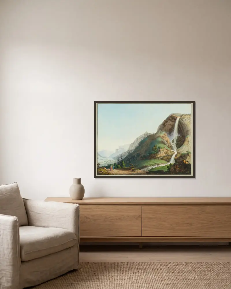 Vue de la Cascade de l’Arpenas av Jean-Antoine Linck inramad på en vägg