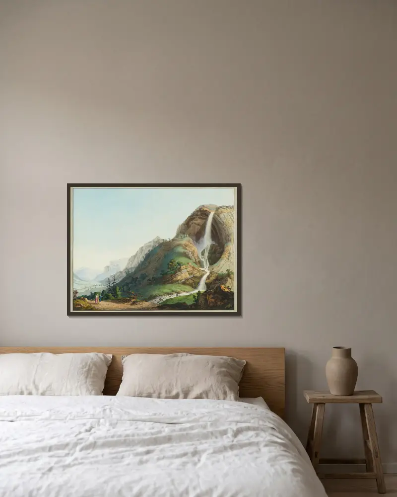 Vue de la Cascade de l’Arpenas av Jean-Antoine Linck inramad på en vägg