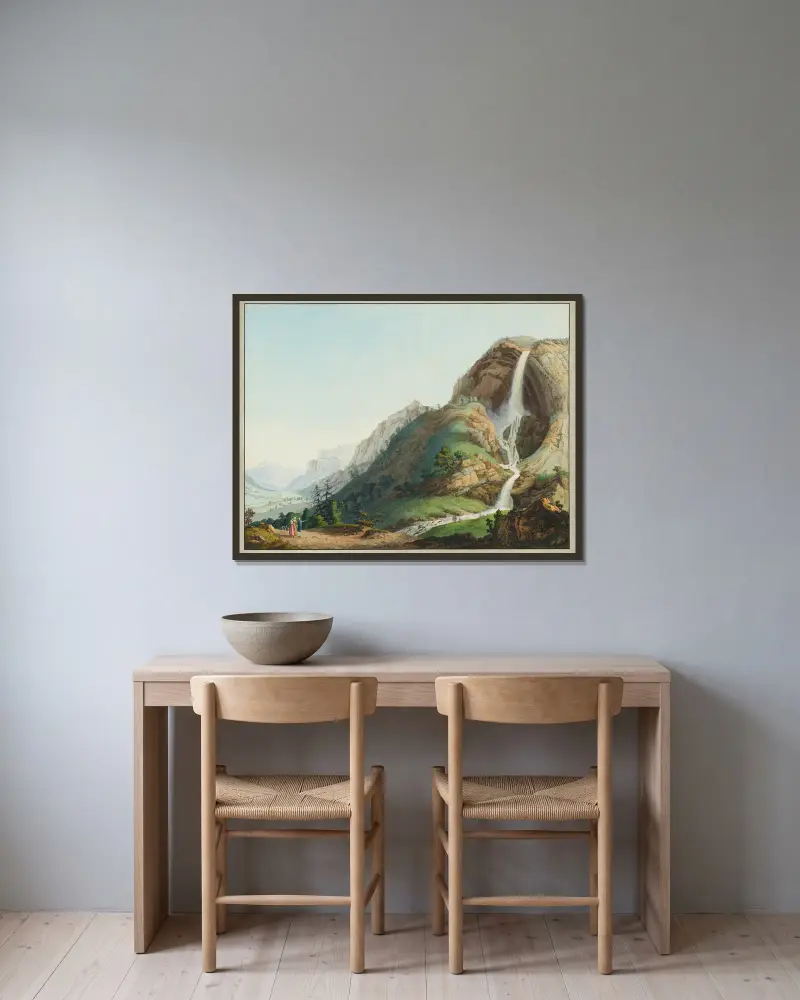 Vue de la Cascade de l’Arpenas av Jean-Antoine Linck inramad på en vägg