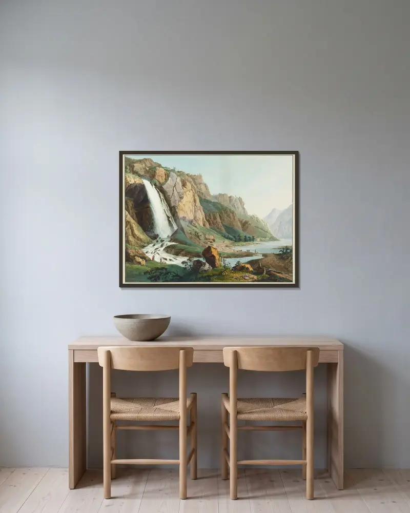 Vue de la Cascade de Pissevache – nr 2 av Jean-Antoine Linck inramad på en vägg