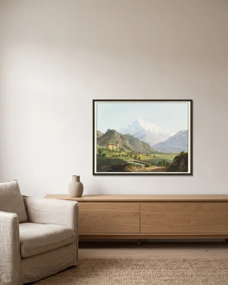 Vue de la Dent du Midi, et du Château de Lanex av Jean-Antoine Linck inramad på en vägg