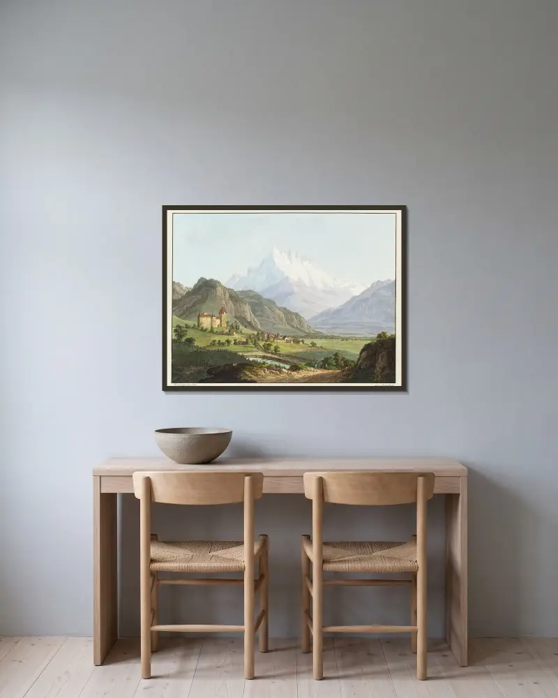 Vue de la Dent du Midi, et du Château de Lanex av Jean-Antoine Linck inramad på en vägg