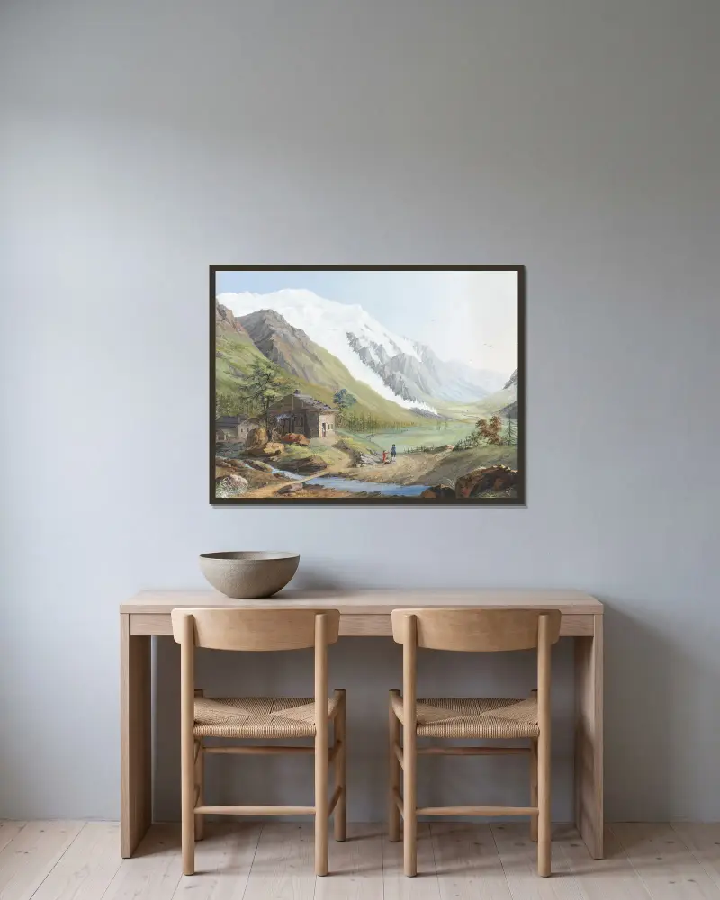 Vue de la Glaciere de Bosson, et une partie du Mont Blanc av Jean-Antoine Linck inramad på en vägg