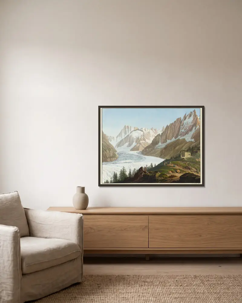 Vue de la Mer de Glace, des Aiguilles des Charmos, du Geant, de la grande Jorasse, et des Hospices du Sommet du Montanvert av Jean-Antoine Linck inramad på en vägg