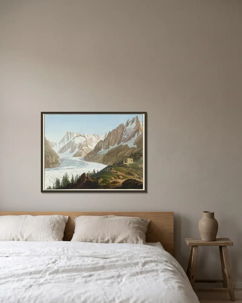 Vue de la Mer de Glace, des Aiguilles des Charmos, du Geant, de la grande Jorasse, et des Hospices du Sommet du Montanvert av Jean-Antoine Linck inramad på en vägg