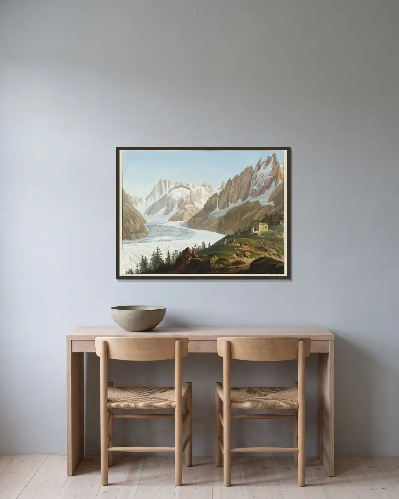 Vue de la Mer de Glace, des Aiguilles des Charmos, du Geant, de la grande Jorasse, et des Hospices du Sommet du Montanvert av Jean-Antoine Linck inramad på en vägg