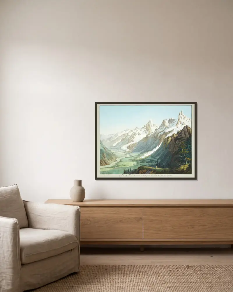 Vue de la Vallée de Chamounix, de l’Aiguille du Midi, et de celle d’Argentiere av Jean-Antoine Linck inramad på en vägg