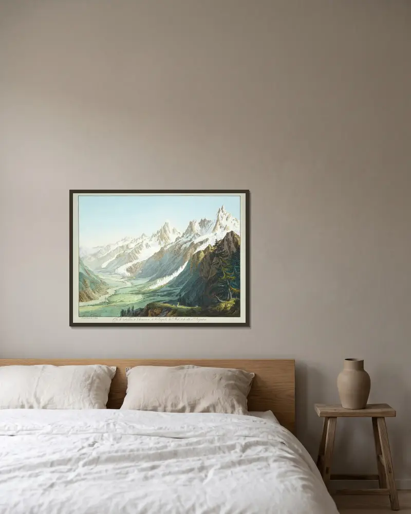 Vue de la Vallée de Chamounix, de l’Aiguille du Midi, et de celle d’Argentiere av Jean-Antoine Linck inramad på en vägg