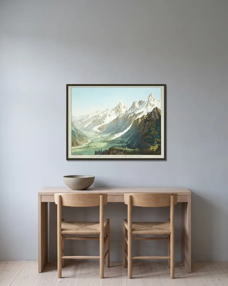 Vue de la Vallée de Chamounix, de l’Aiguille du Midi, et de celle d’Argentiere av Jean-Antoine Linck inramad på en vägg