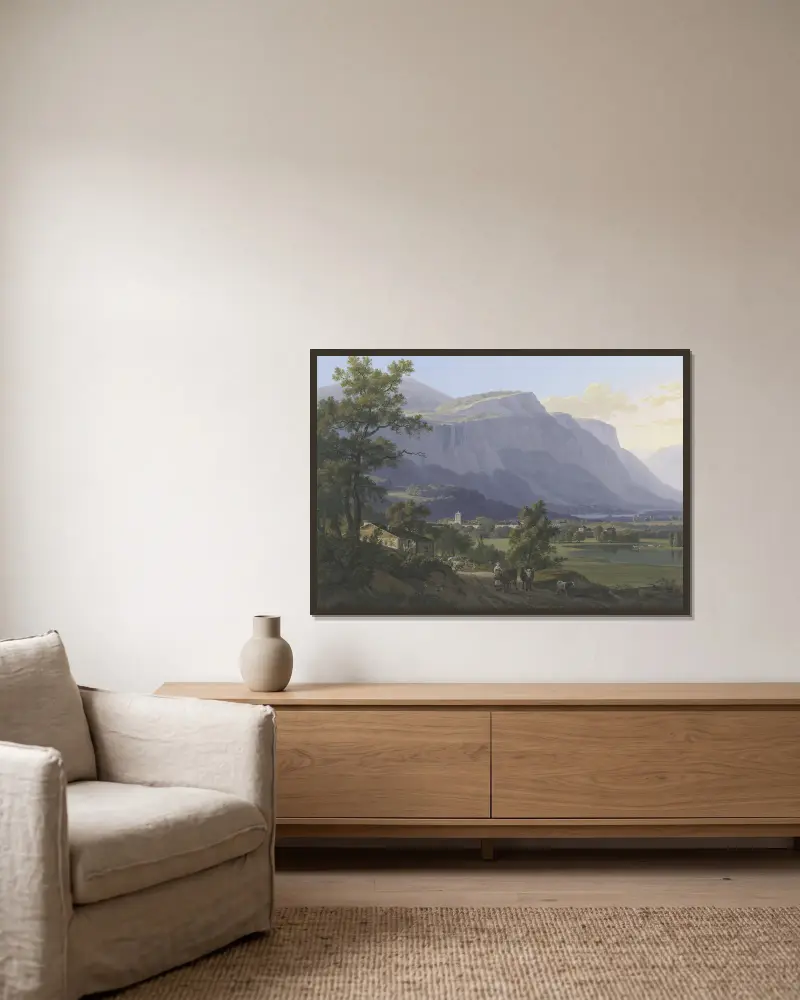 Vue de la ville de St. Jeoire à 5. lieus de Genève, et des Montagnes de Machily, et Fausigny av Jean-Antoine Linck inramad på en vägg
