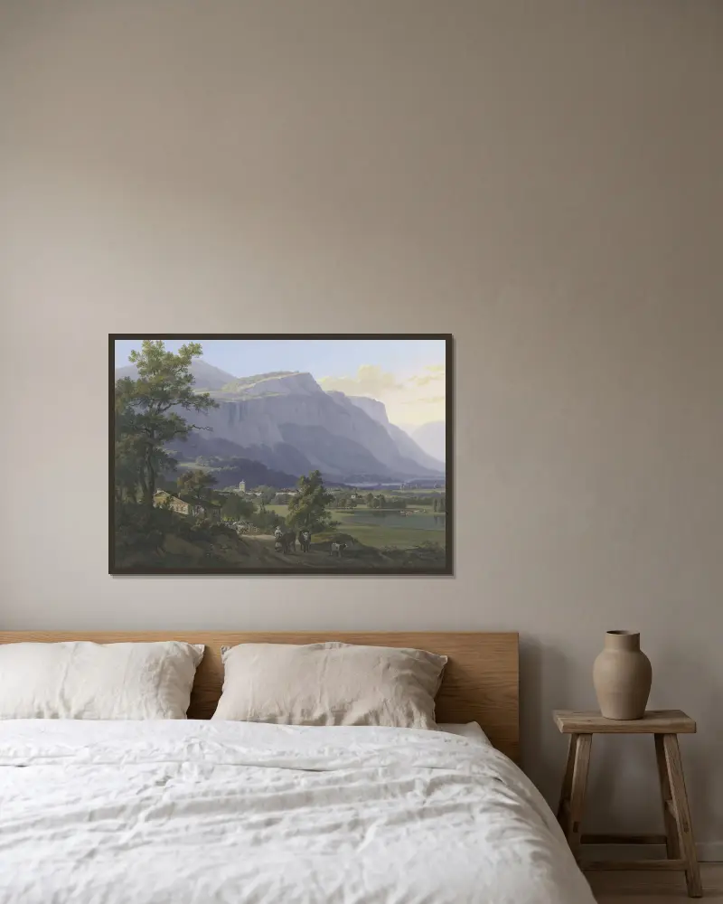 Vue de la ville de St. Jeoire à 5. lieus de Genève, et des Montagnes de Machily, et Fausigny av Jean-Antoine Linck inramad på en vägg