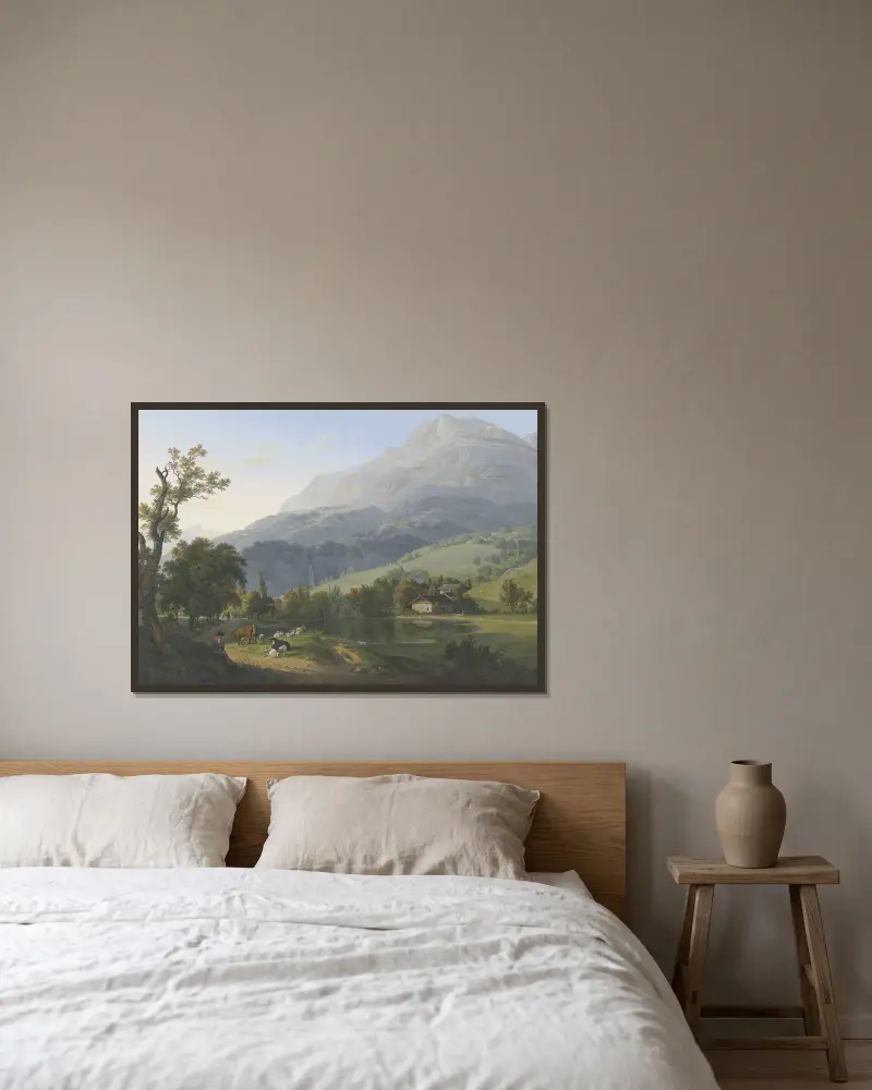 Vue de l’Aiguille de Varens de la Cascade de Chêde, & du Village de ce même nom, prise Sur la route de Chêde au pont des Chèvres av Jean-Antoine Linck inramad på en vägg
