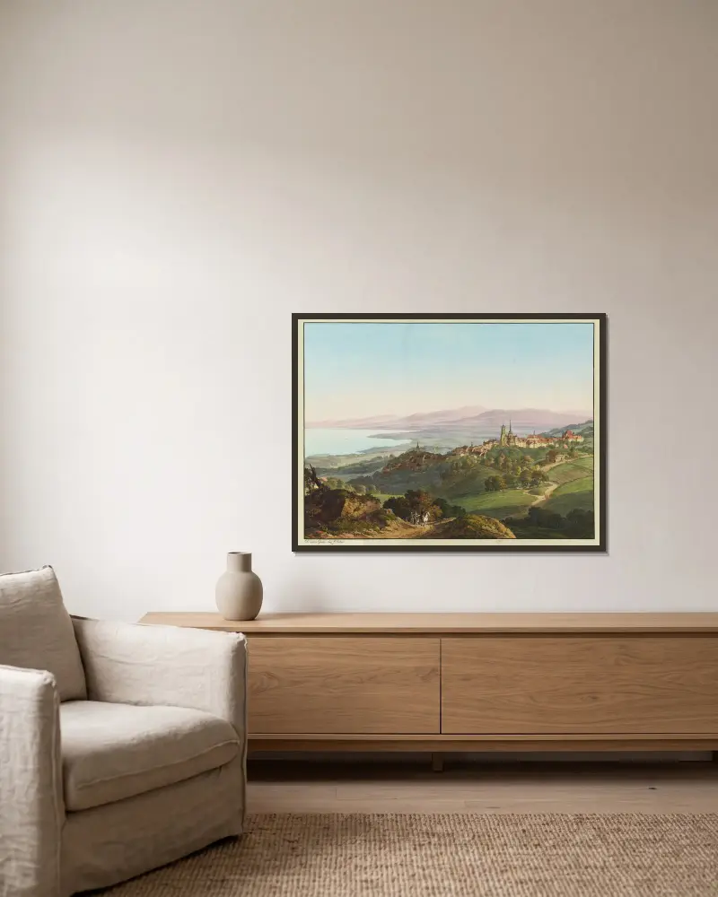 Vue de Lausanne av Jean-Antoine Linck inramad på en vägg