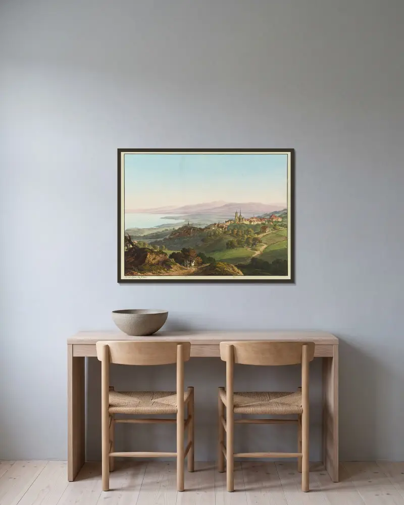 Vue de Lausanne av Jean-Antoine Linck inramad på en vägg
