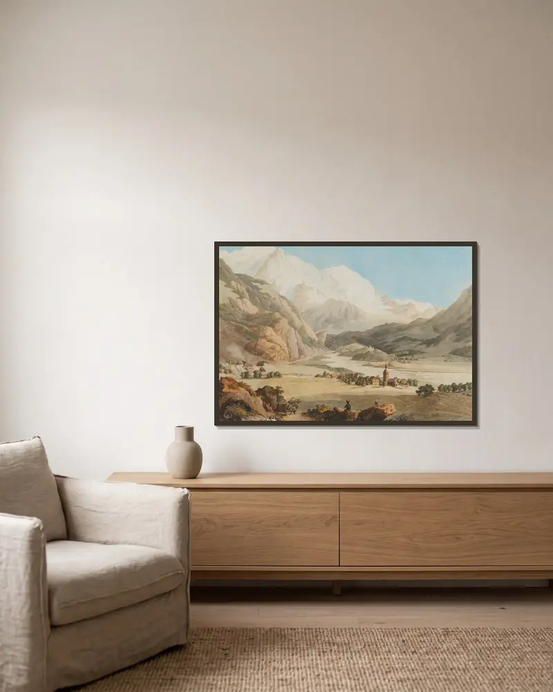 Blick auf Servoz, die Aiguille du Gouté und den Bionnassey-Gletscher von Jean-Antoine Linck gerahmt an einer Wand