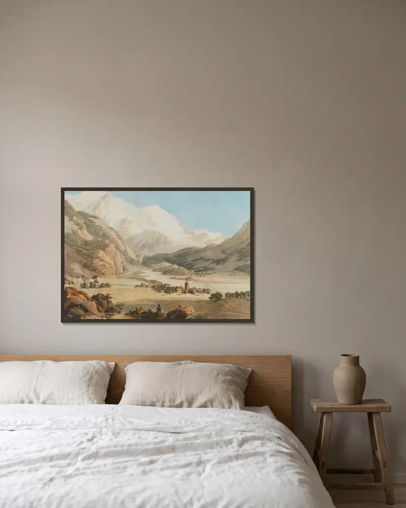 Blick auf Servoz, die Aiguille du Gouté und den Bionnassey-Gletscher von Jean-Antoine Linck gerahmt an einer Wand