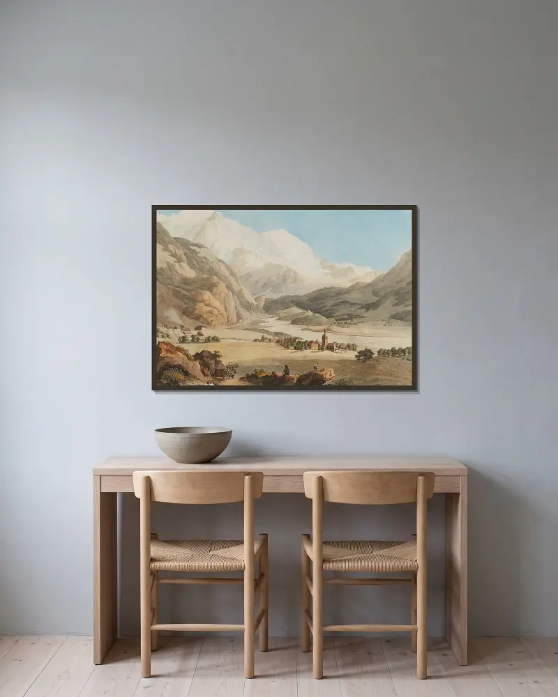 Blick auf Servoz, die Aiguille du Gouté und den Bionnassey-Gletscher von Jean-Antoine Linck gerahmt an einer Wand