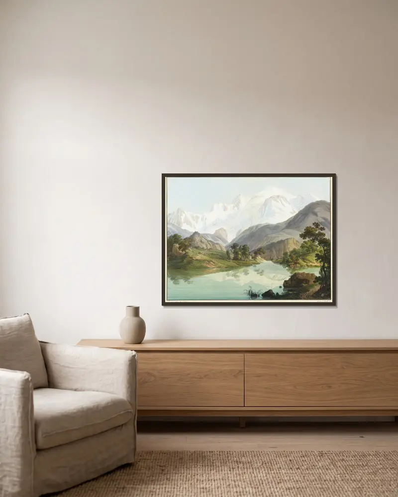 Vue du Lac de Chede, et du Mont-Blanc av Jean-Antoine Linck inramad på en vägg