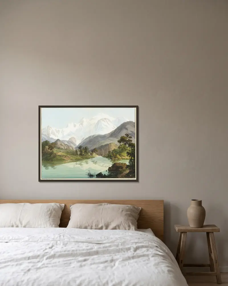 Vue du Lac de Chede, et du Mont-Blanc av Jean-Antoine Linck inramad på en vägg