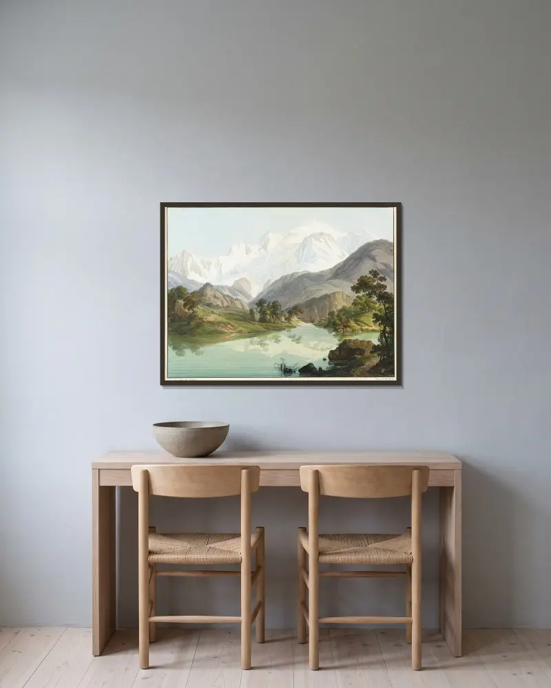 Vue du Lac de Chede, et du Mont-Blanc av Jean-Antoine Linck inramad på en vägg