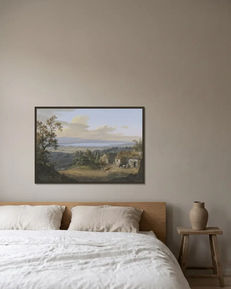 Vue du Lac de Genève av Jean-Antoine Linck inramad på en vägg