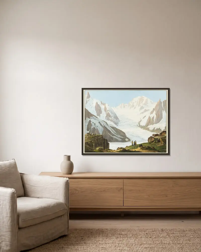 Vue du Mont-Blanc, des Aiguilles du Midi, des Blaitieres, du Géant, du Glacier du Tacul, prise du Sommet du Rocher du Couvercle av Jean-Antoine Linck inramad på en vägg