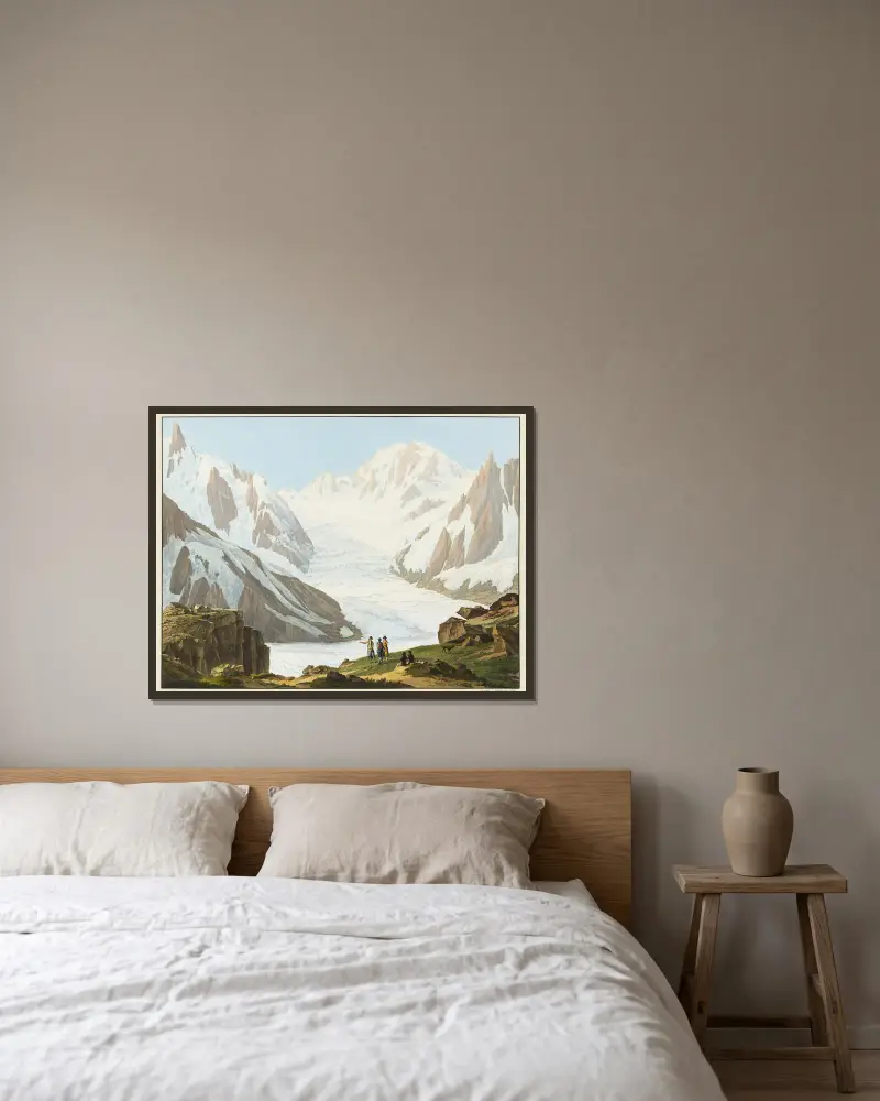 Vue du Mont-Blanc, des Aiguilles du Midi, des Blaitieres, du Géant, du Glacier du Tacul, prise du Sommet du Rocher du Couvercle av Jean-Antoine Linck inramad på en vägg