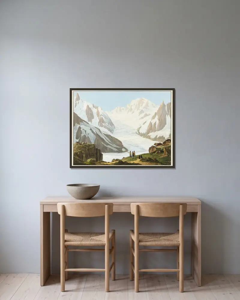 Vue du Mont-Blanc, des Aiguilles du Midi, des Blaitieres, du Géant, du Glacier du Tacul, prise du Sommet du Rocher du Couvercle av Jean-Antoine Linck inramad på en vägg