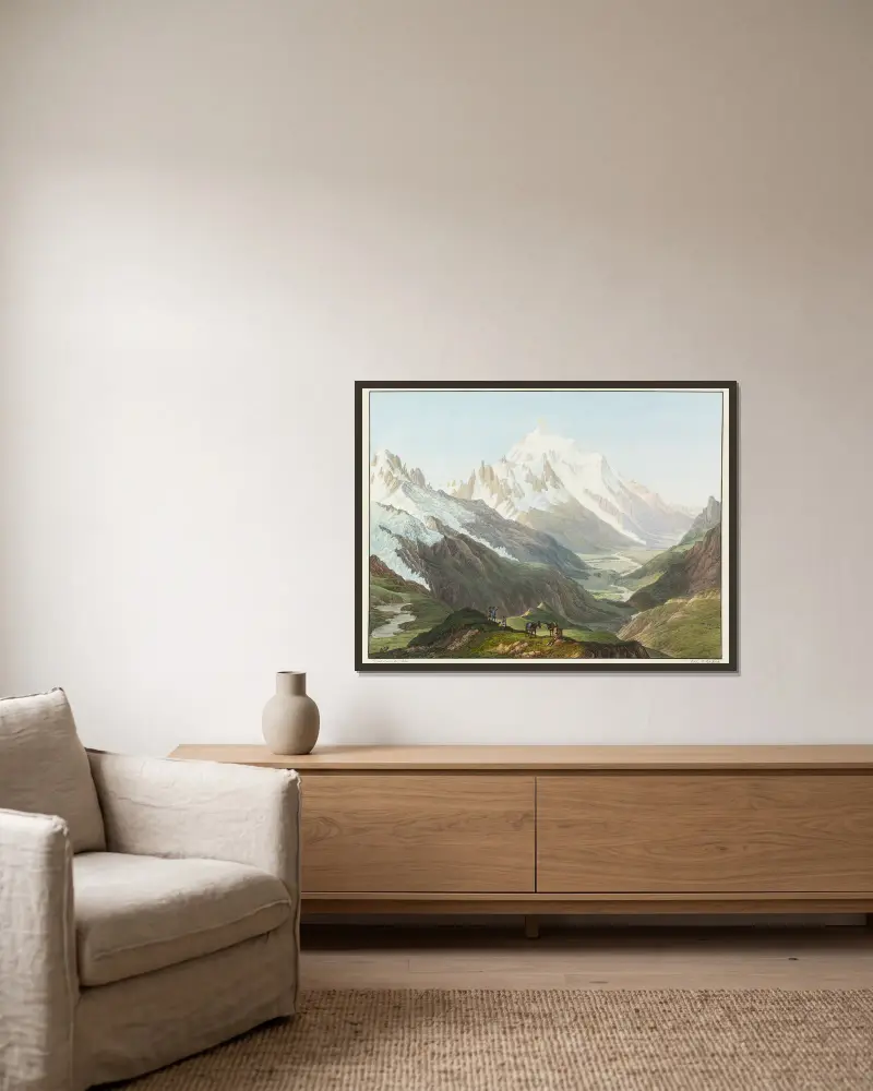 Vue du Mont-Blanc, prise du Sommet du Col de Balme av Jean-Antoine Linck inramad på en vägg